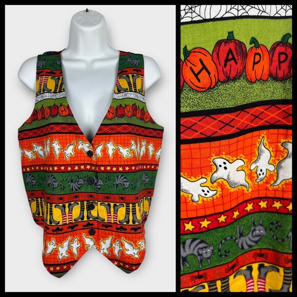 Basic Editions colorful whimsical happy halloween vest women's medium orange blk - Picture 1 of 7